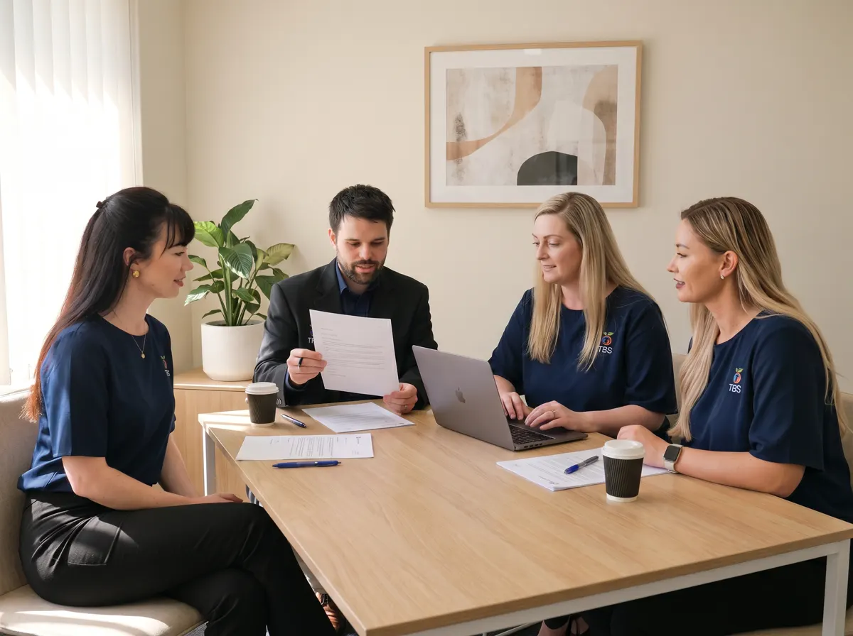 Four Target Behaviour Services team members review a letter of recommendation together at a meeting table.