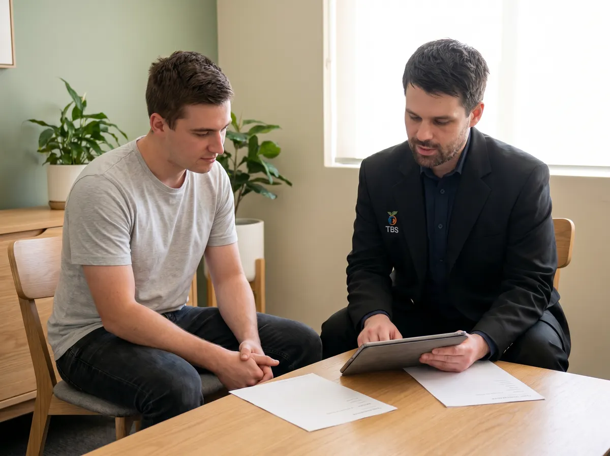 A Target Behaviour Services practitioner reviews progress reports on a tablet with a young participant at a wooden table.